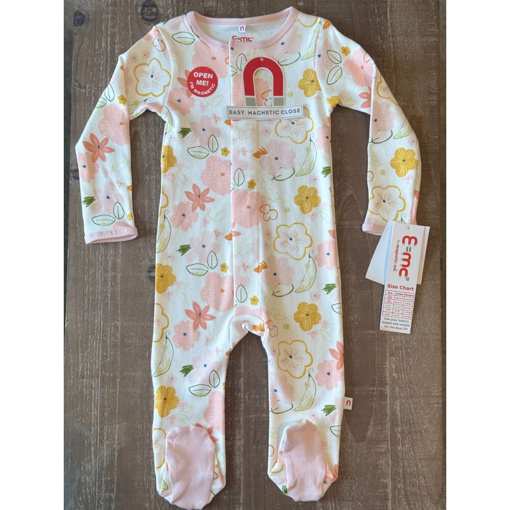 +NWT Magnetic Me E=MC Pink Yellow Floral Cotton Footie 6-9M Baby Girl